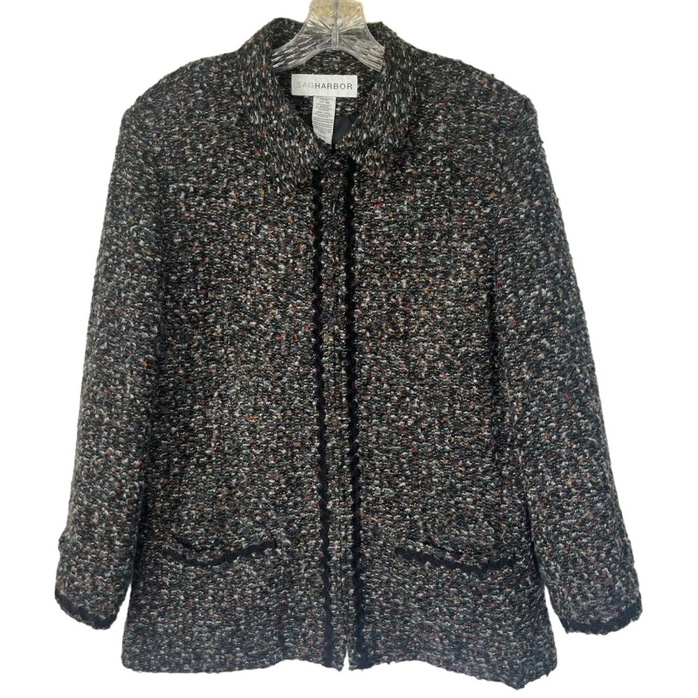 Sag Harbor Tweed Front Zip Jacket Blazer Coat Womens 14 Black Pockets